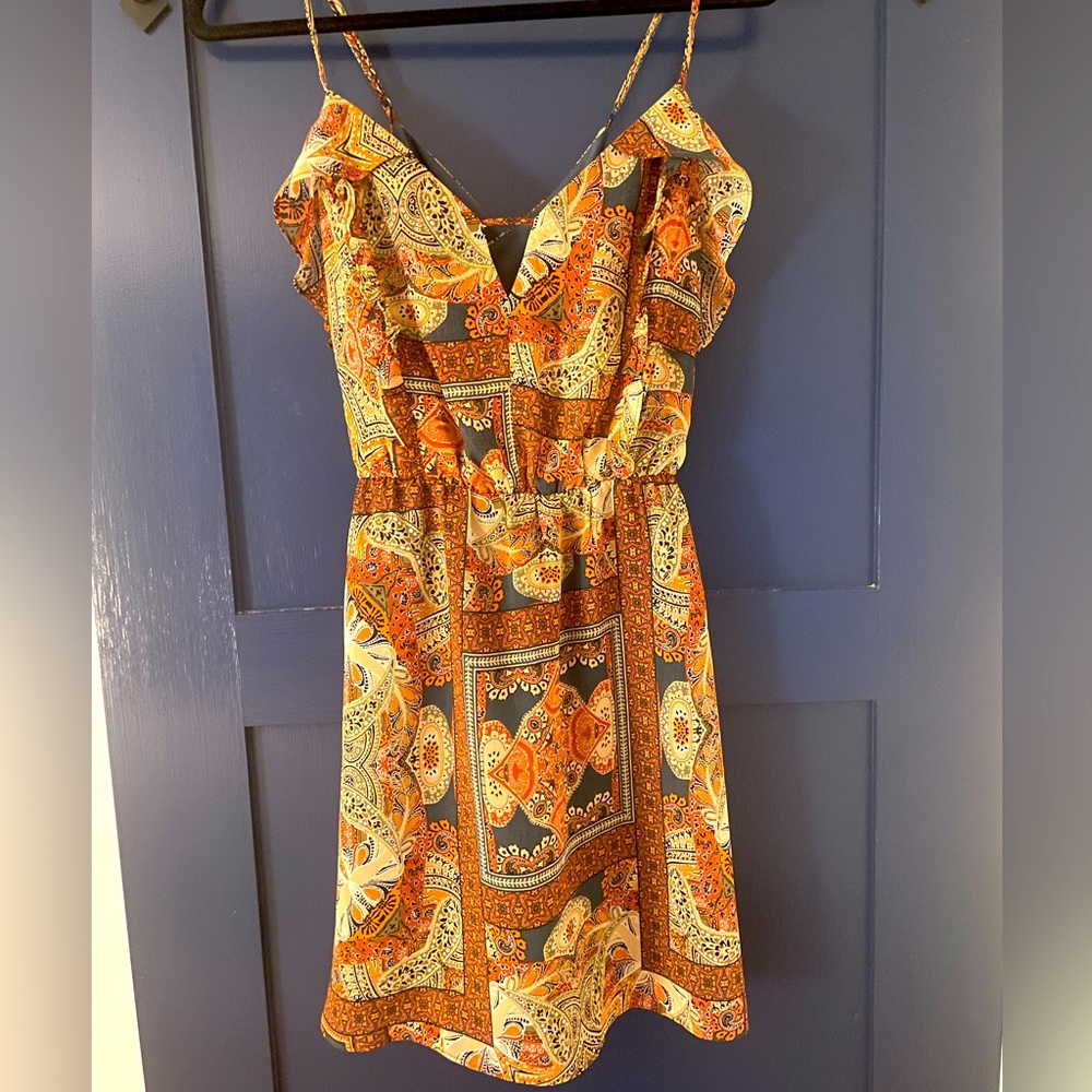 Paisley spaghetti strap waist defined dress